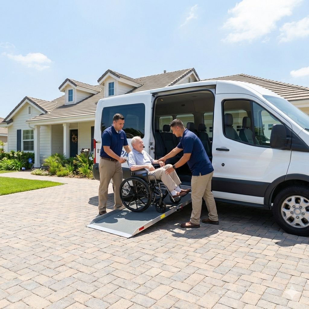 Med Path team assisting patient with wheelchair transport